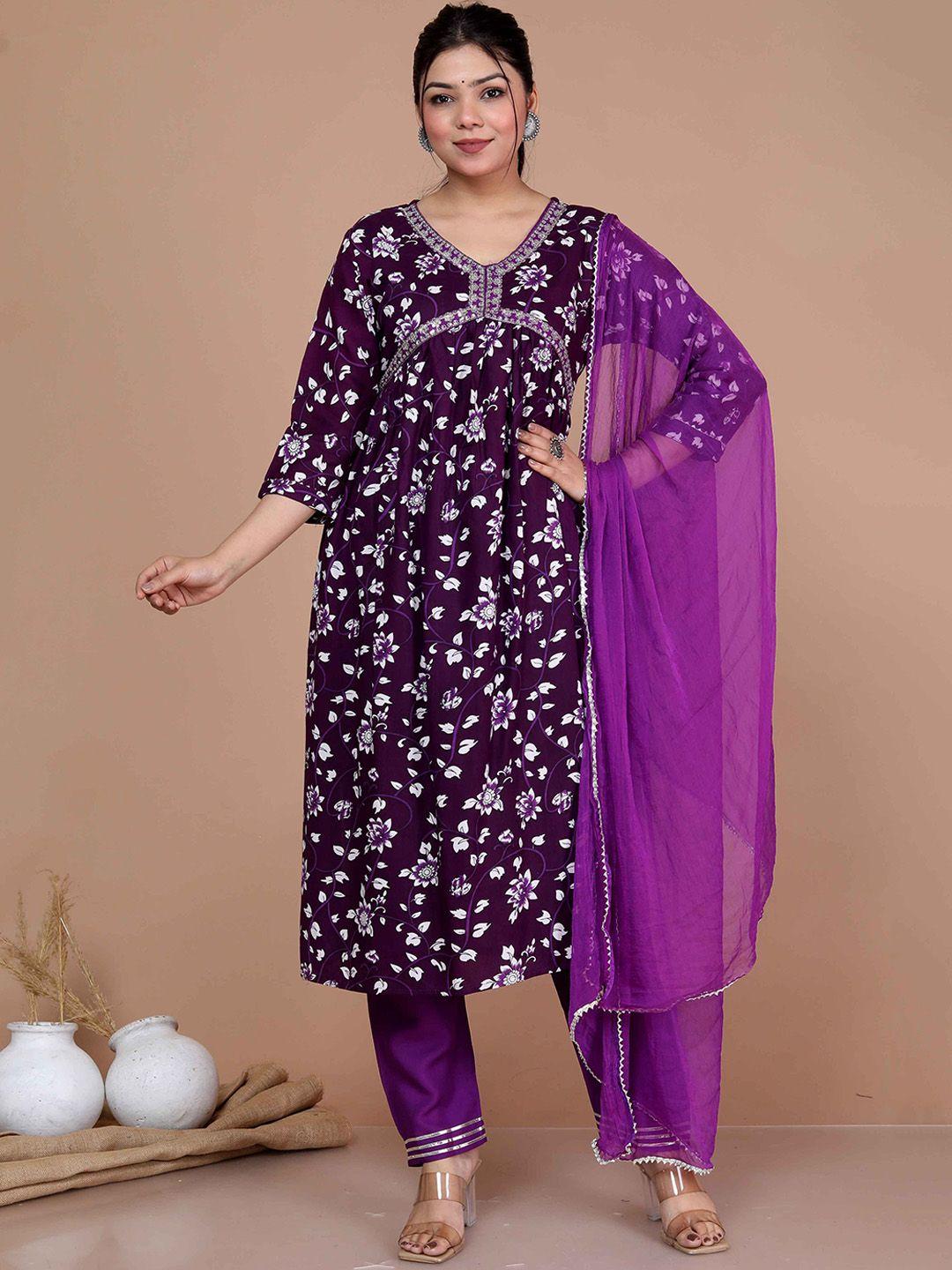 miravan women purple floral embroidered kurta with palazzos & with dupatta