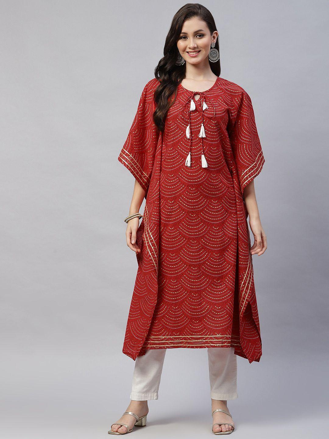 miravan women red bandhani printed flared sleeves kaftan kurta