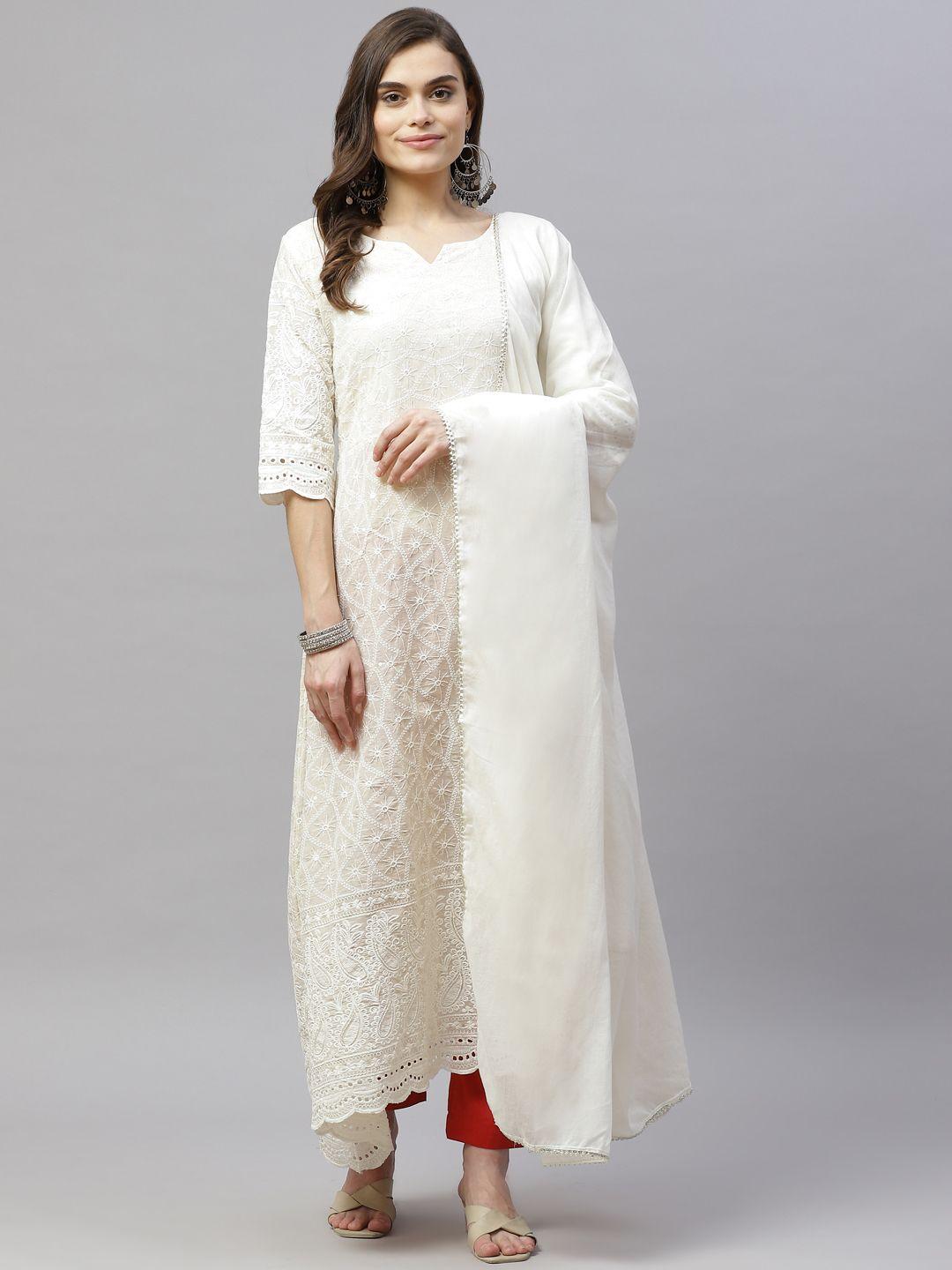 miravan women white ethnic motifs embroidered chikankari anarkali kurta & dupatta