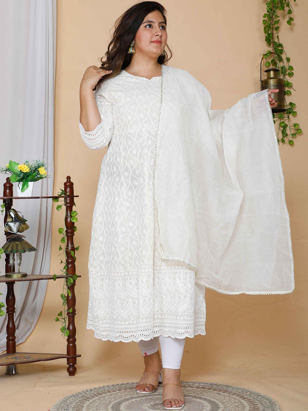 miravan women white floral embellished thread work kurta with dupatta