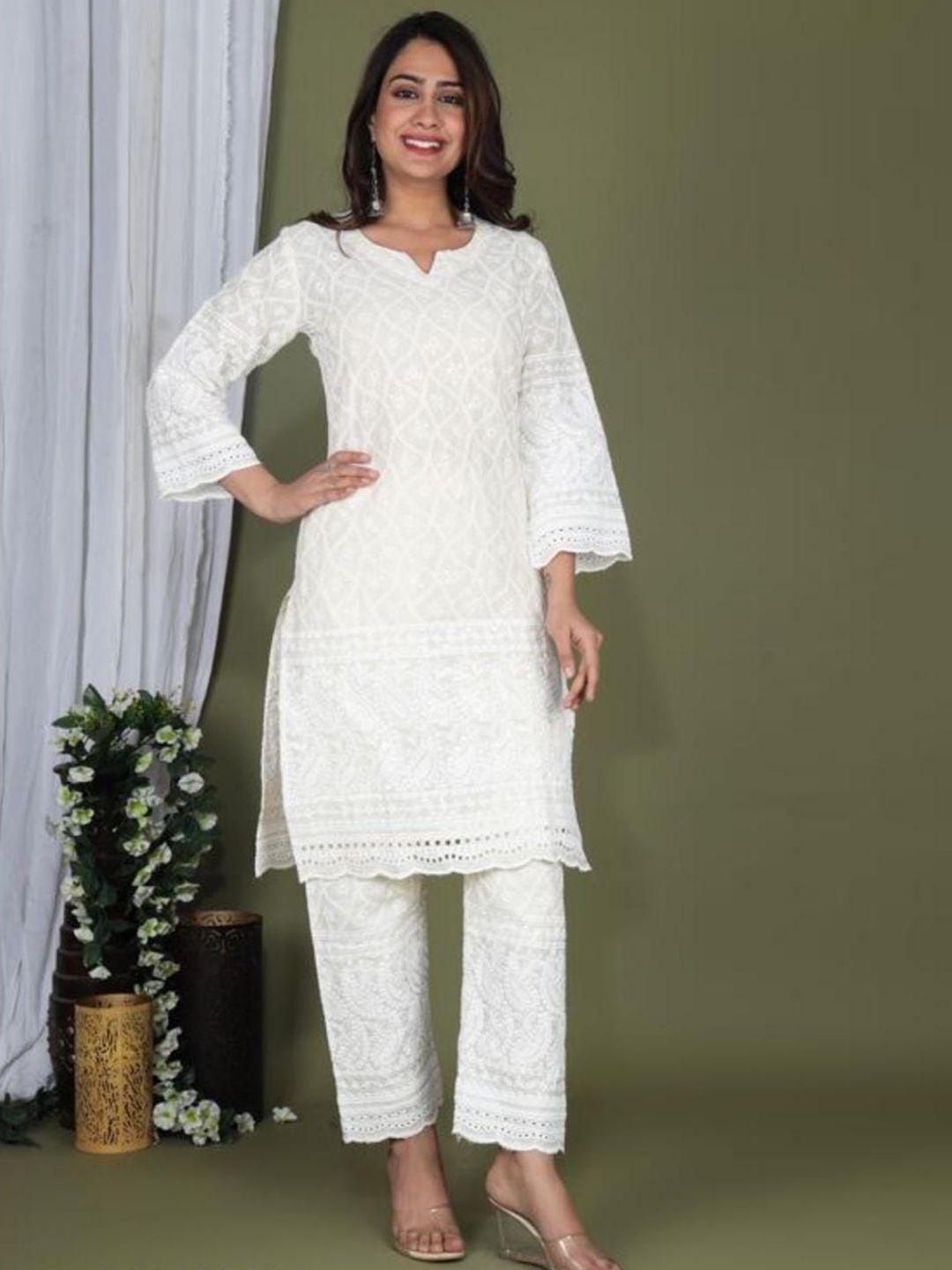 miravan women white floral embroidered chikankari pure cotton kurta with trousers
