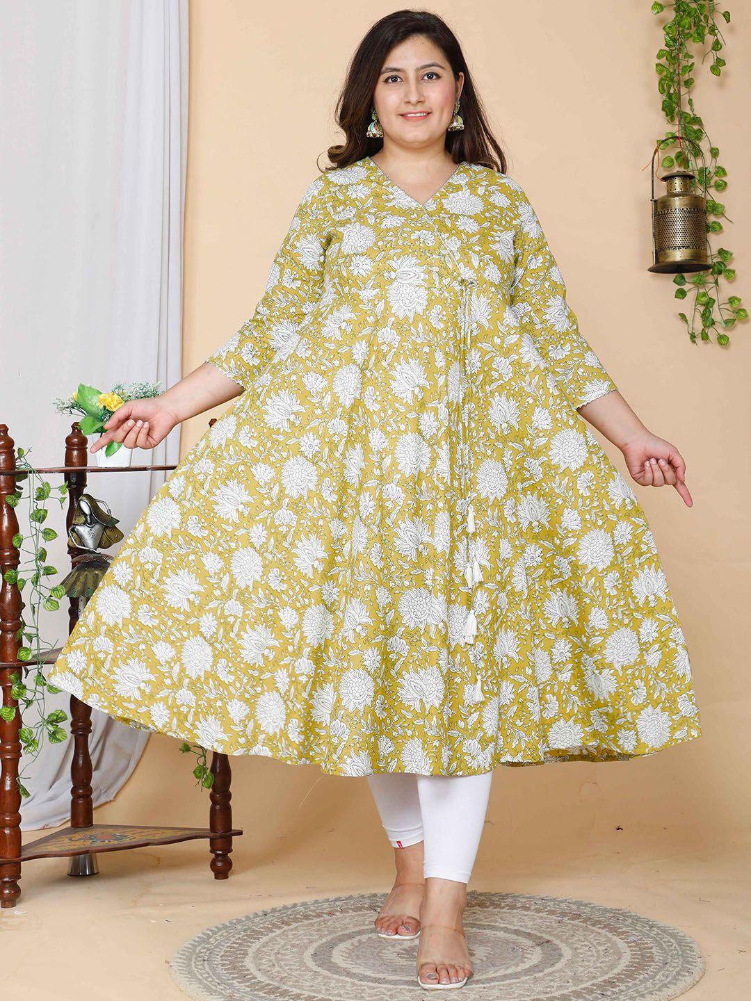 miravan women yellow floral printed cotton anarkali kurta