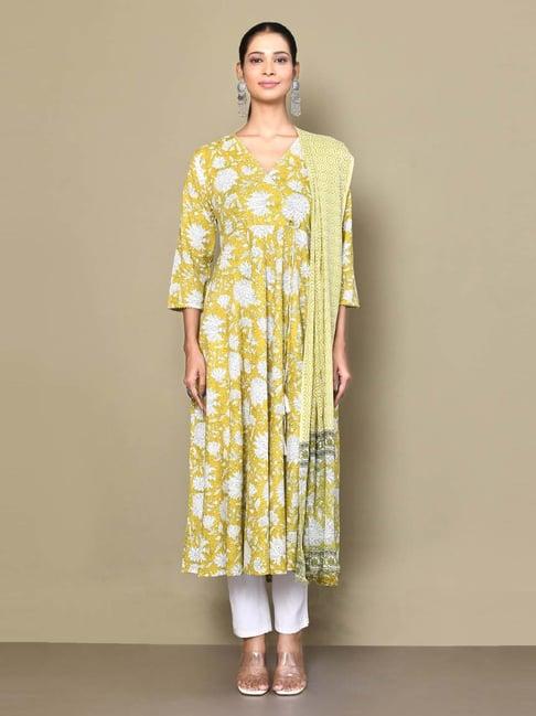 miravan yellow cotton printed anarkali kurta with dupatta