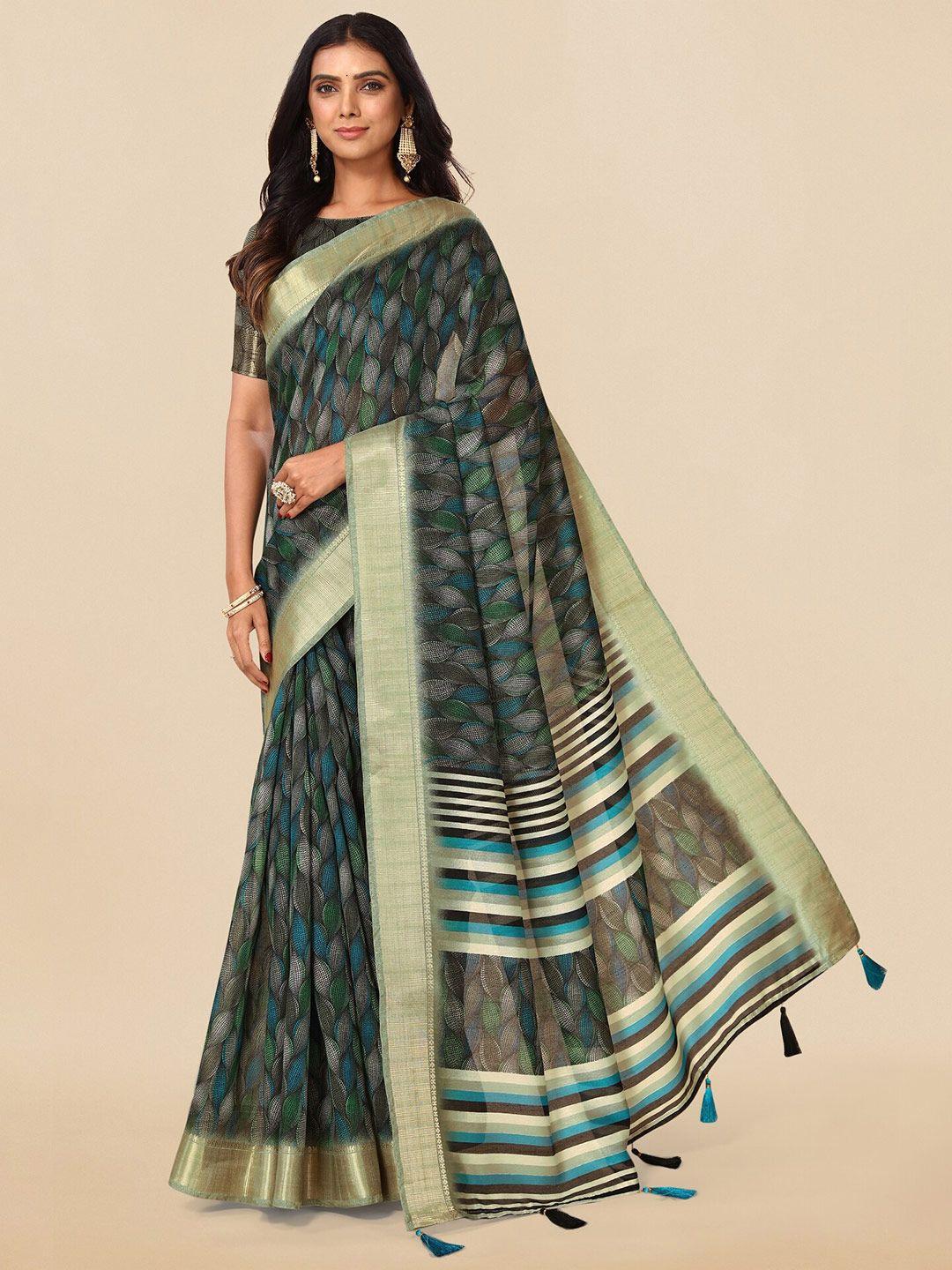 mirchi fashion black & green ethnic motifs zari silk blend block print saree