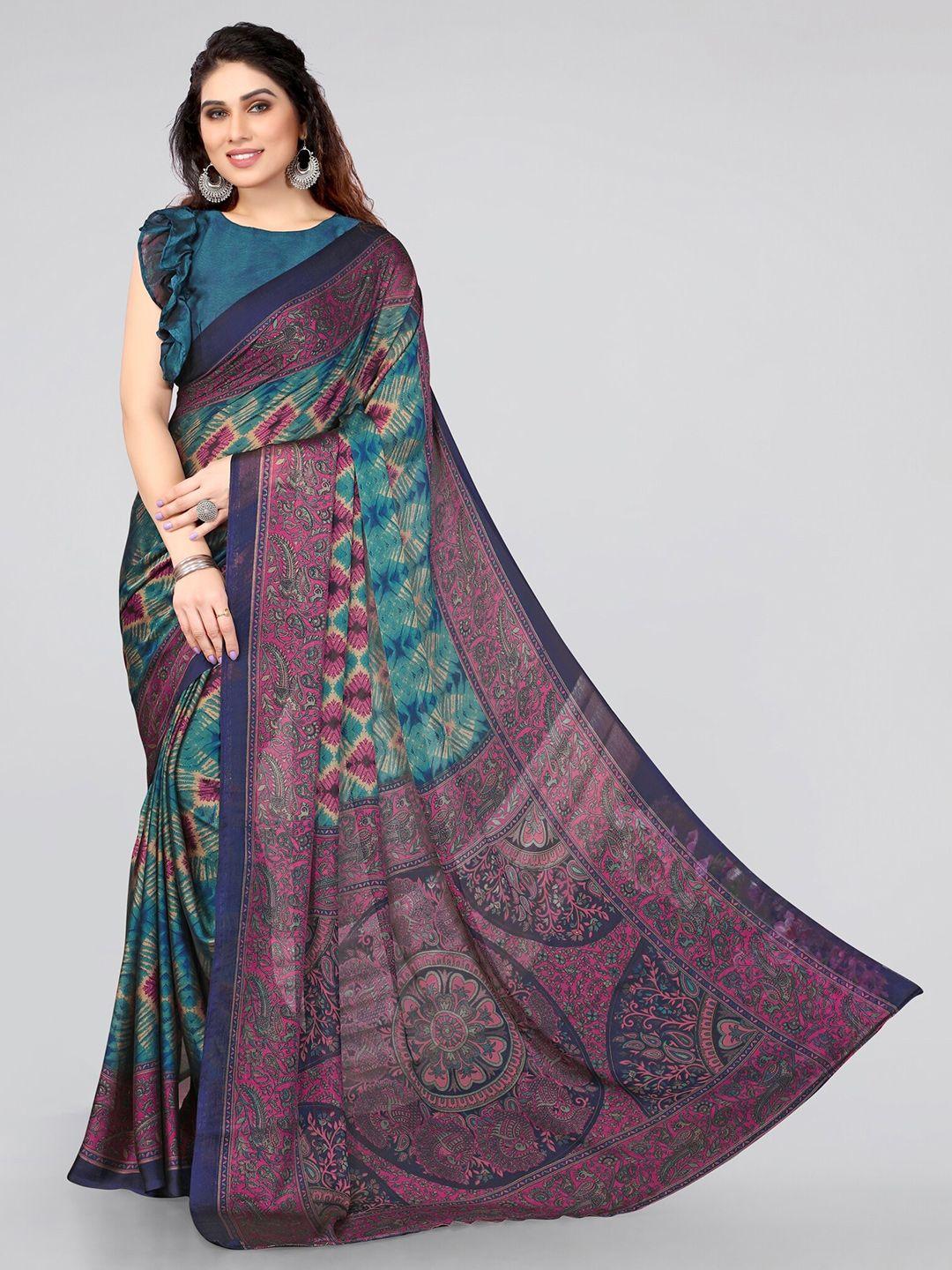 mirchi fashion blue & pink kalamkari saree