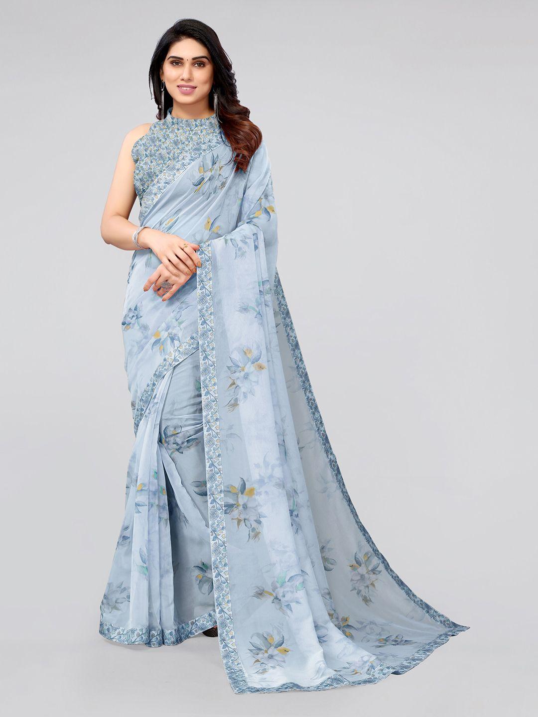 mirchi fashion blue & yellow floral organza saree