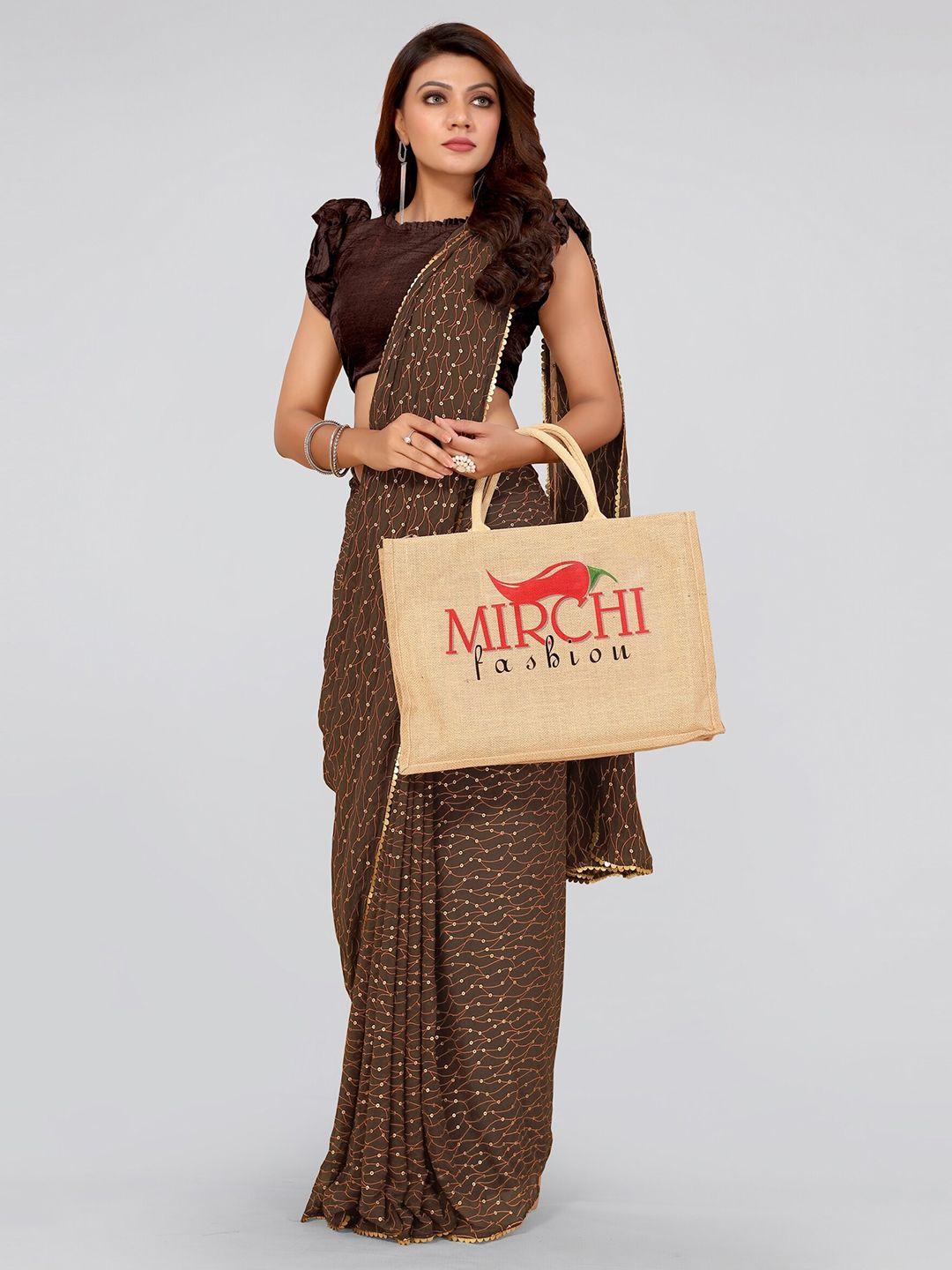 mirchi fashion brown & gold-toned embellished saree