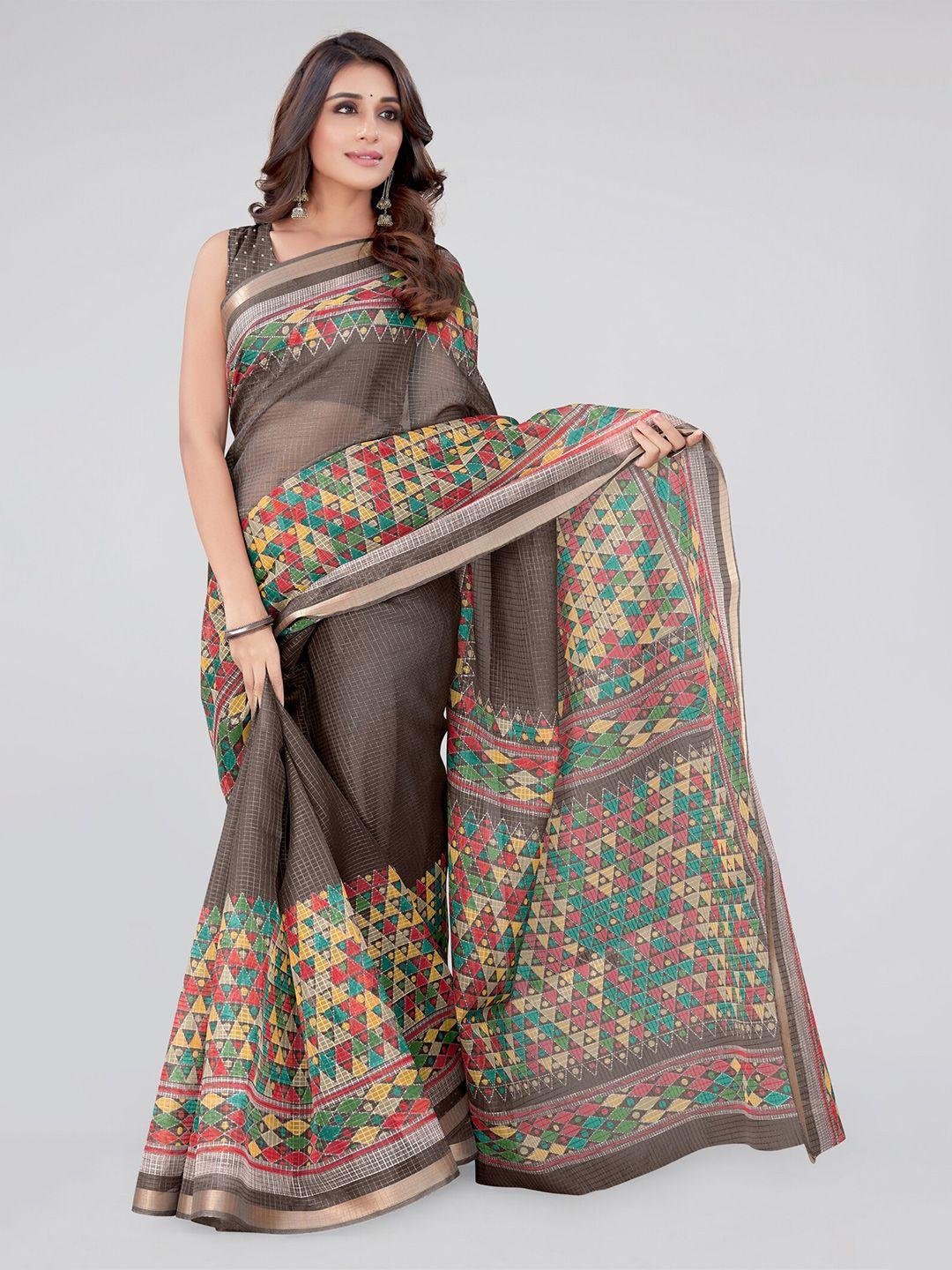 mirchi fashion brown & green geometric printed  zari saree