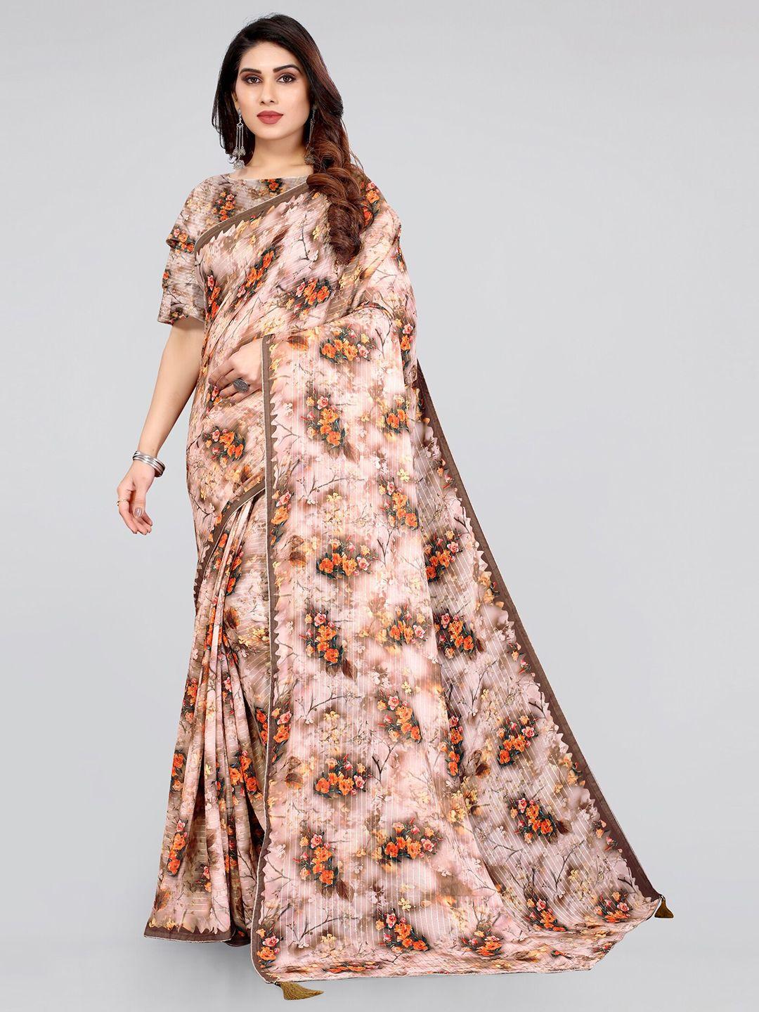 mirchi fashion brown & orange floral saree