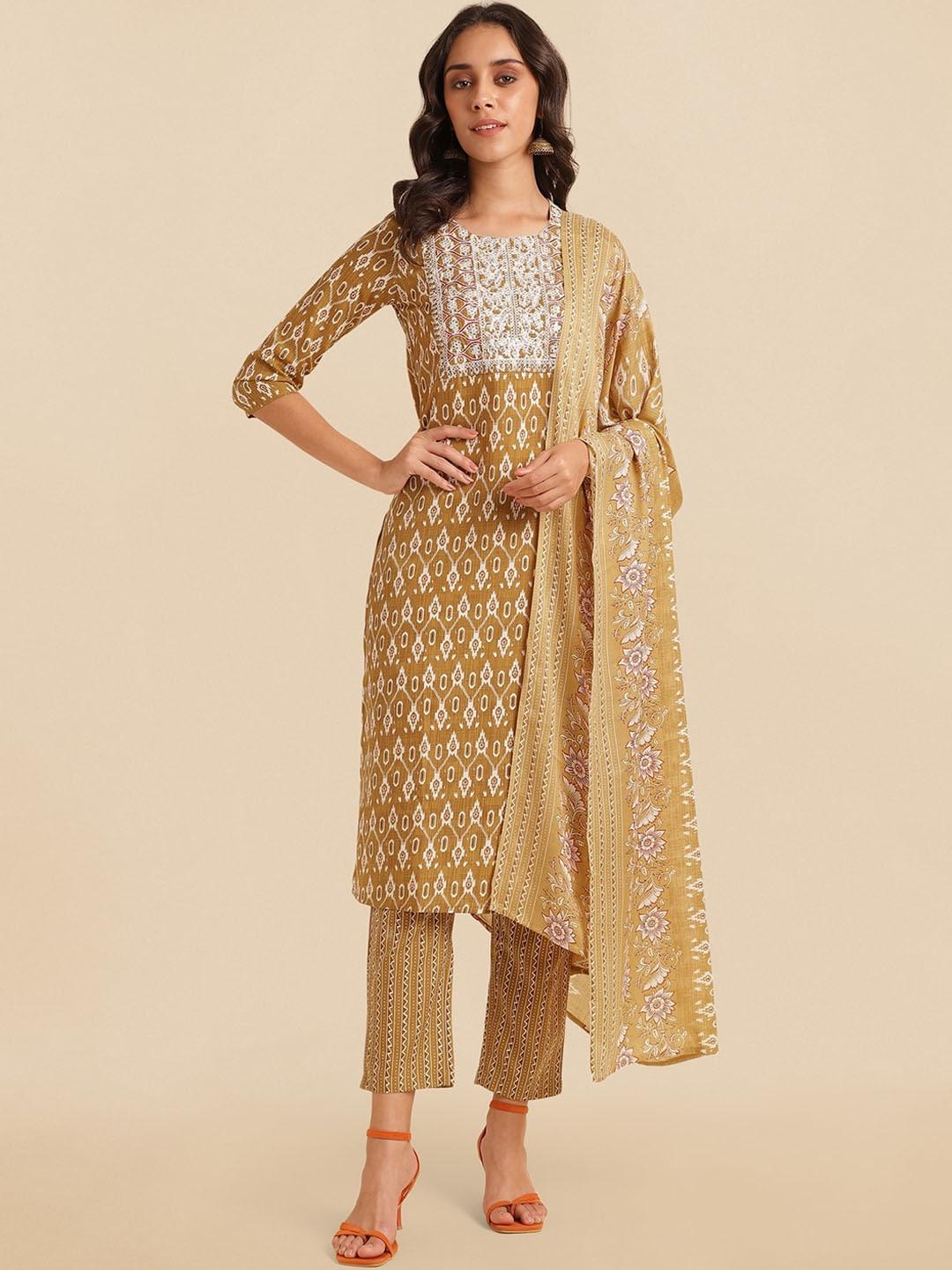 mirchi fashion ethnic motifs printed sequinned pure cotton kurta with trousers & dupatta