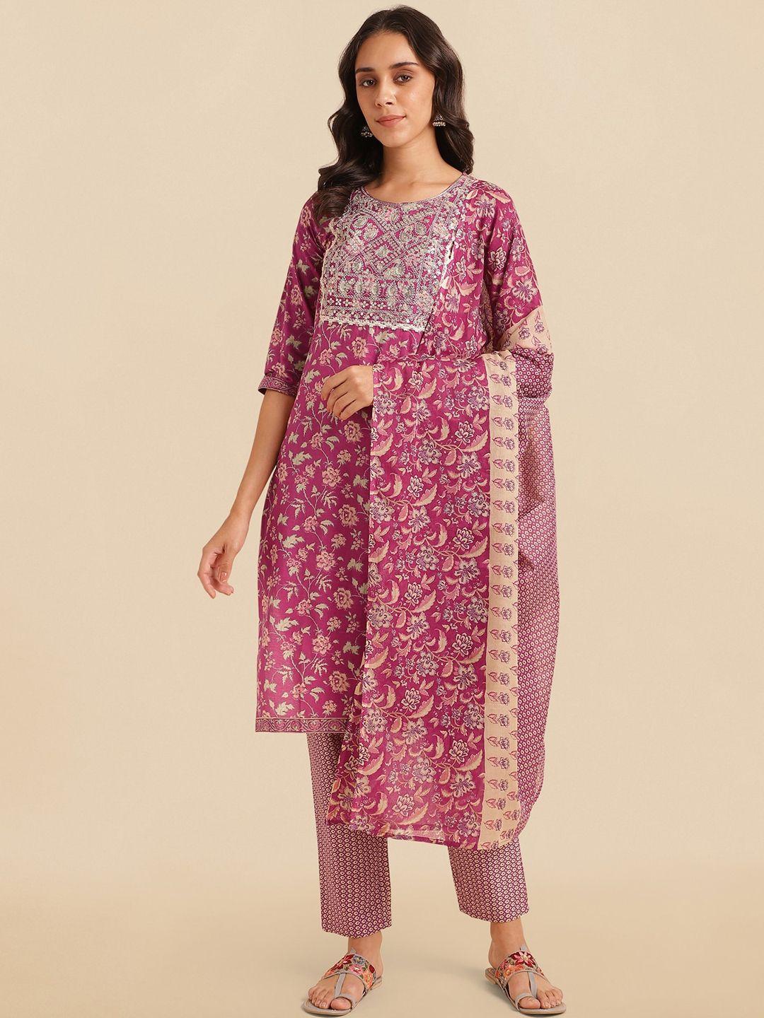 mirchi fashion floral printed regular sequinned pure cotton kurta with trousers & dupatta