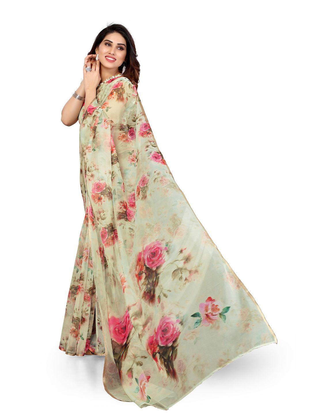mirchi fashion green & pink floral zari organza bagh saree