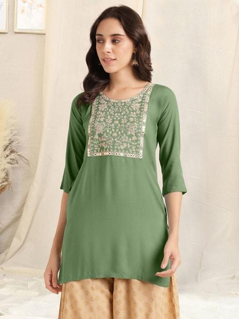 mirchi fashion green embroidered straight short kurti