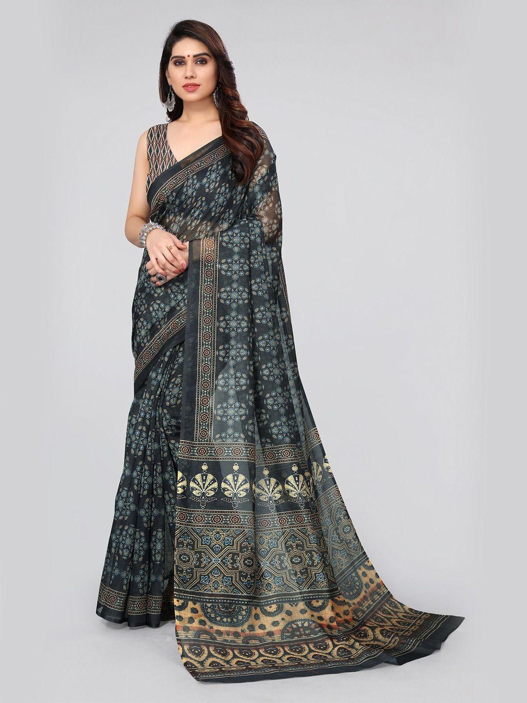 mirchi fashion grey & brown ethnic motifs printed saree