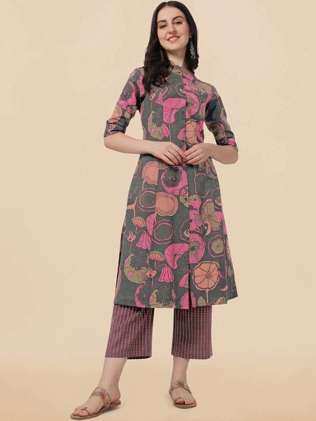mirchi fashion grey & pink floral printed mandarin collar pure cotton kurta with palazzos