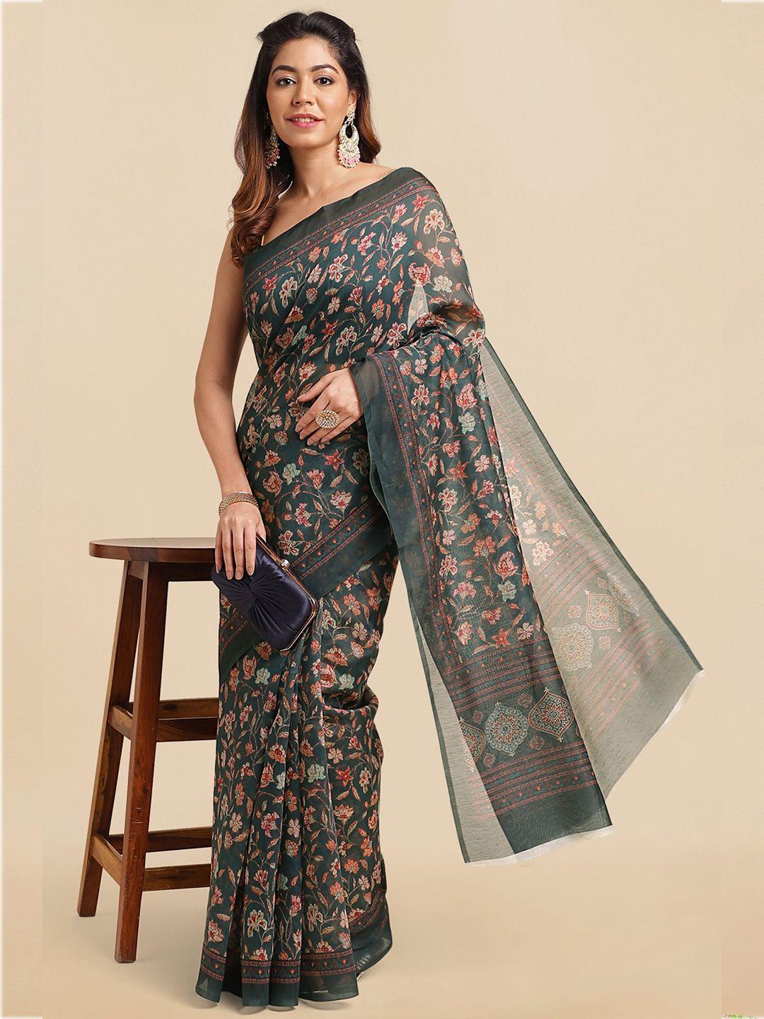 mirchi fashion grey & red floral printed saree