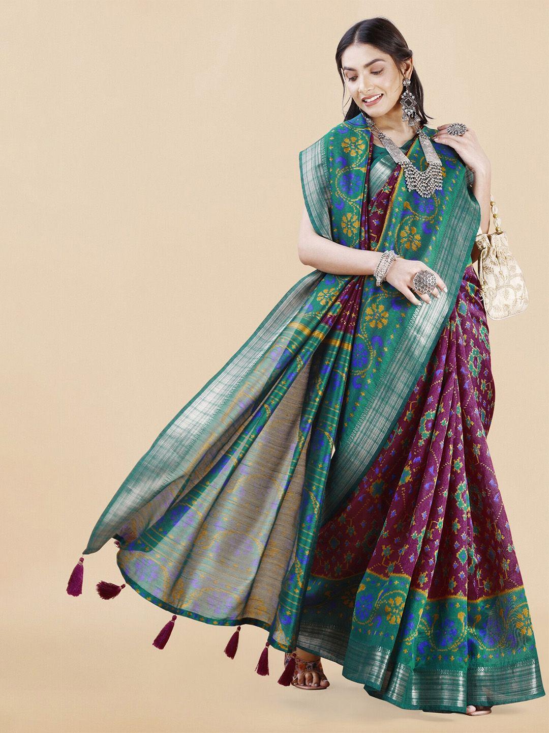 mirchi fashion magenta & green ethnic motifs printed zari saree