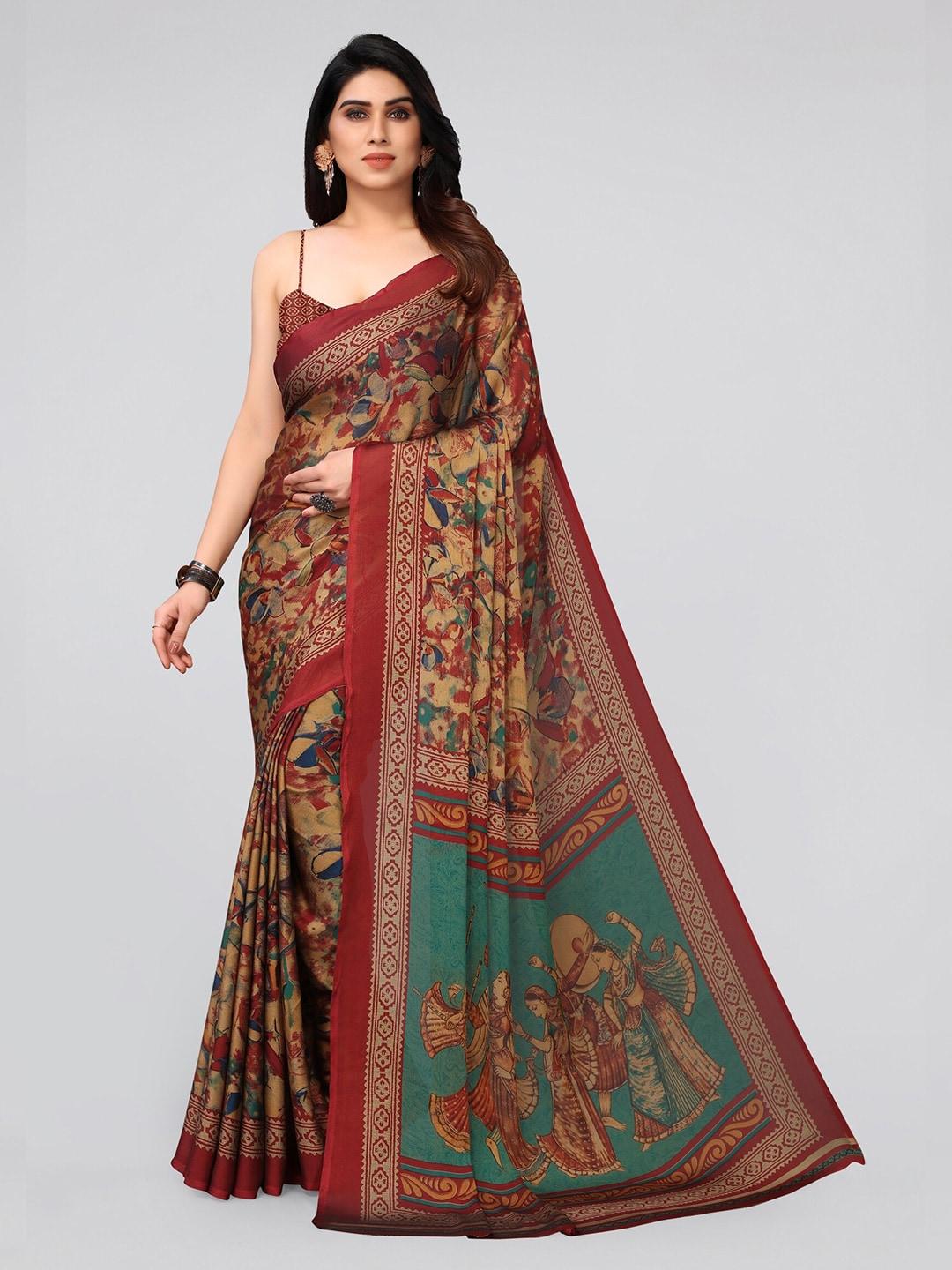 mirchi fashion orange and maroon ethnic motifs print poly chiffon saree