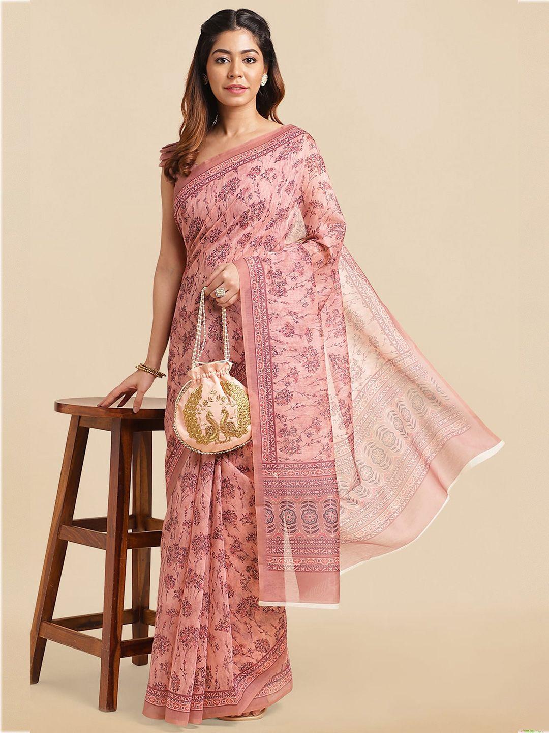 mirchi fashion peach-coloured & purple ethnic motifs printed block print saree