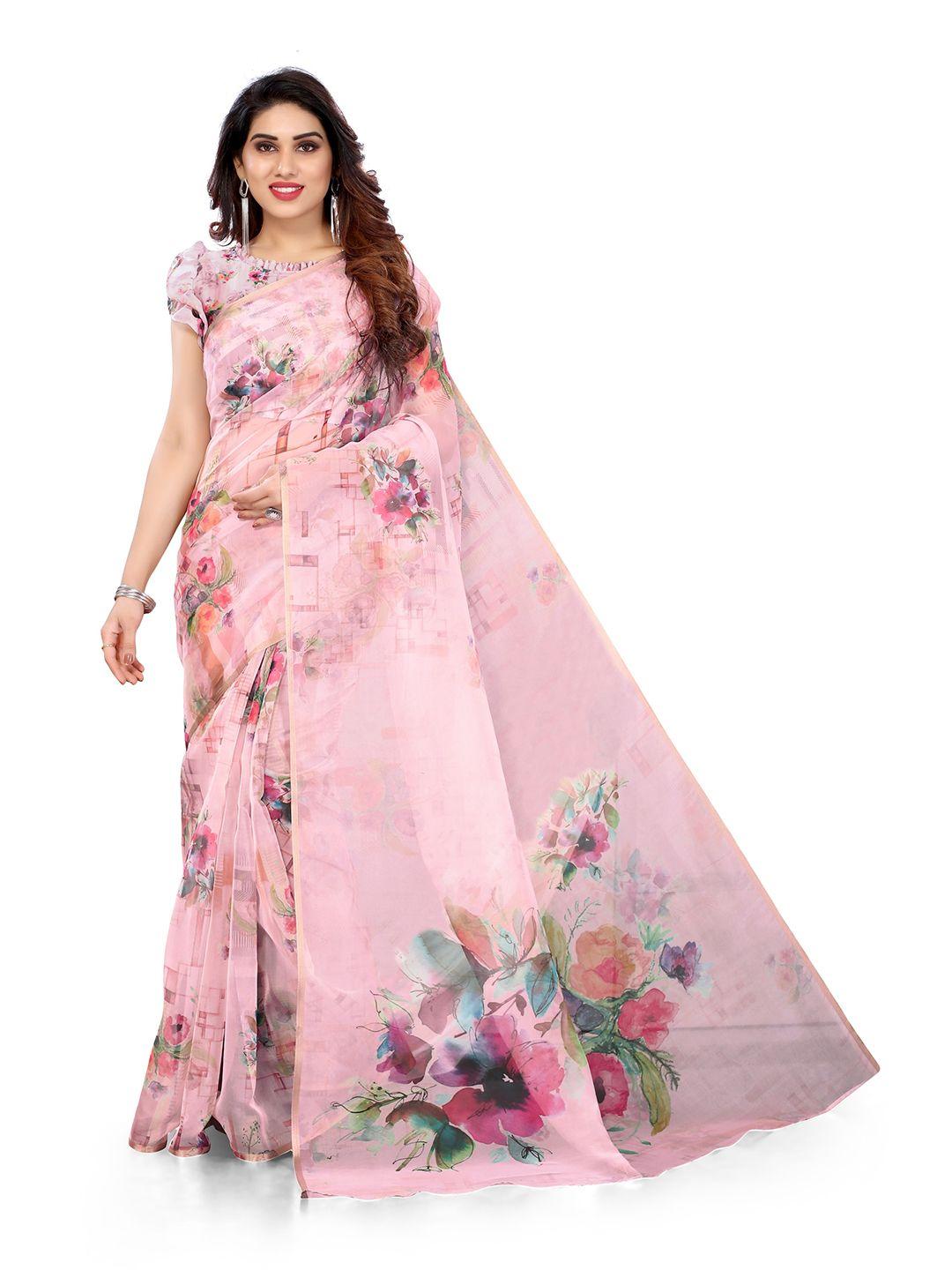 mirchi fashion pink & green floral zari organza bagh saree