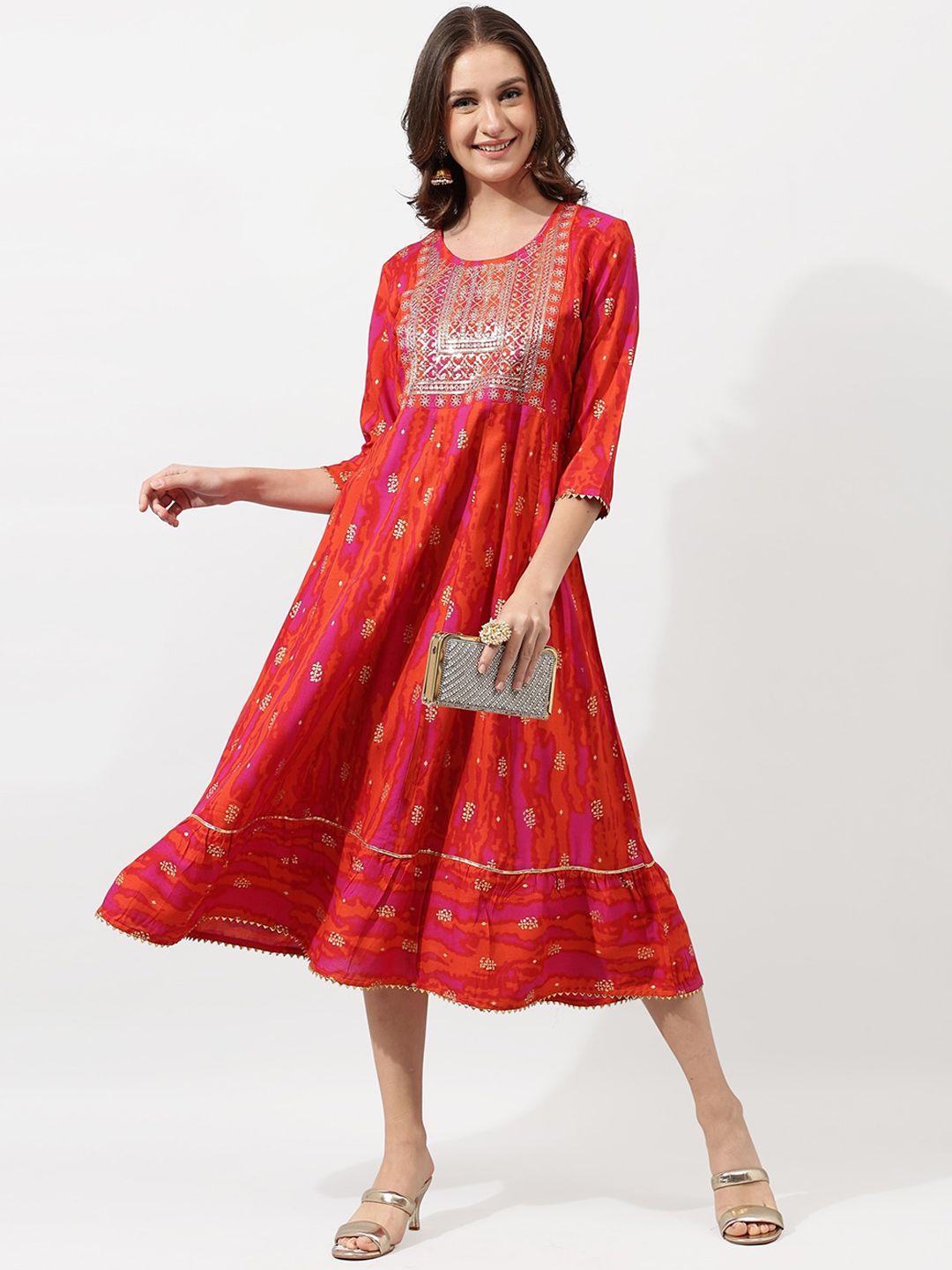 mirchi fashion pink & orange abstract printed sequined a-line cotton ethnic dress