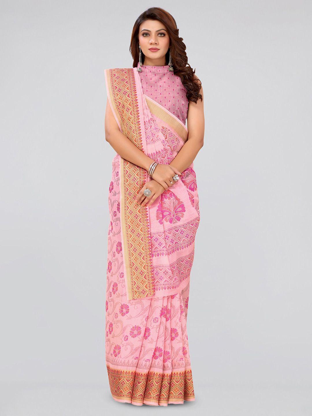 mirchi fashion pink floral printed zari saree