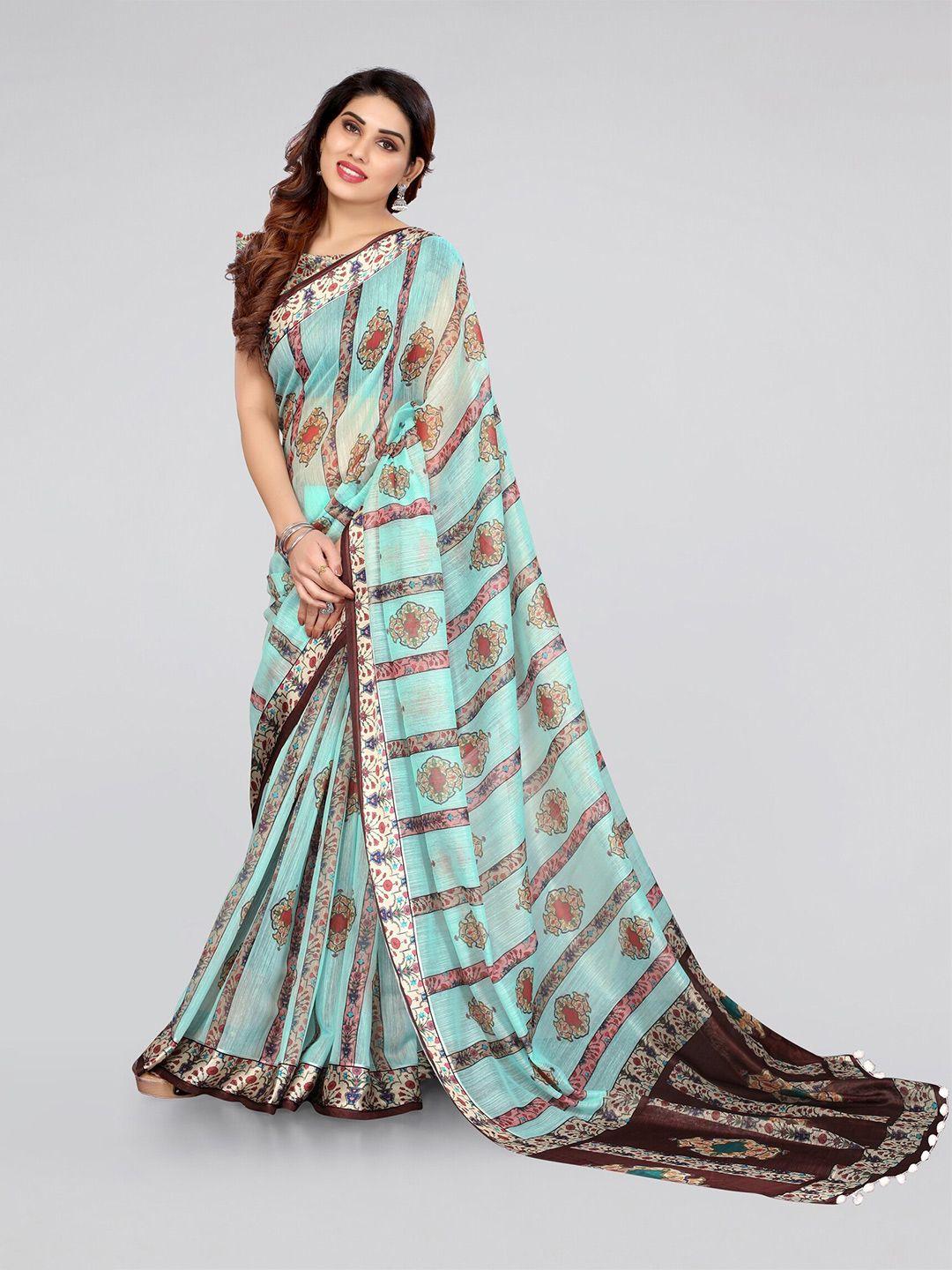 mirchi fashion turquoise blue & brown floral printed saree