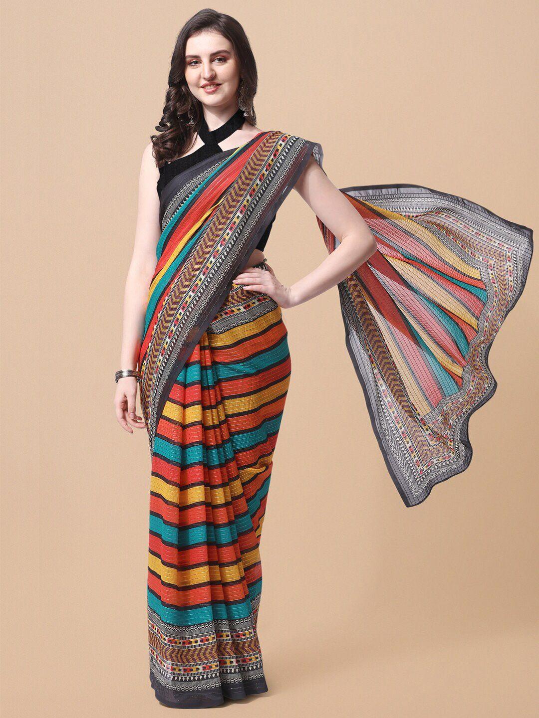 mirchi fashion turquoise blue & yellow striped sequinned saree