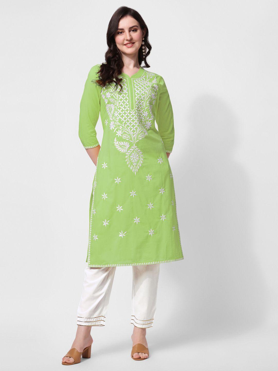 mirchi fashion women green embroidered thread work pure cotton kurta with trousers