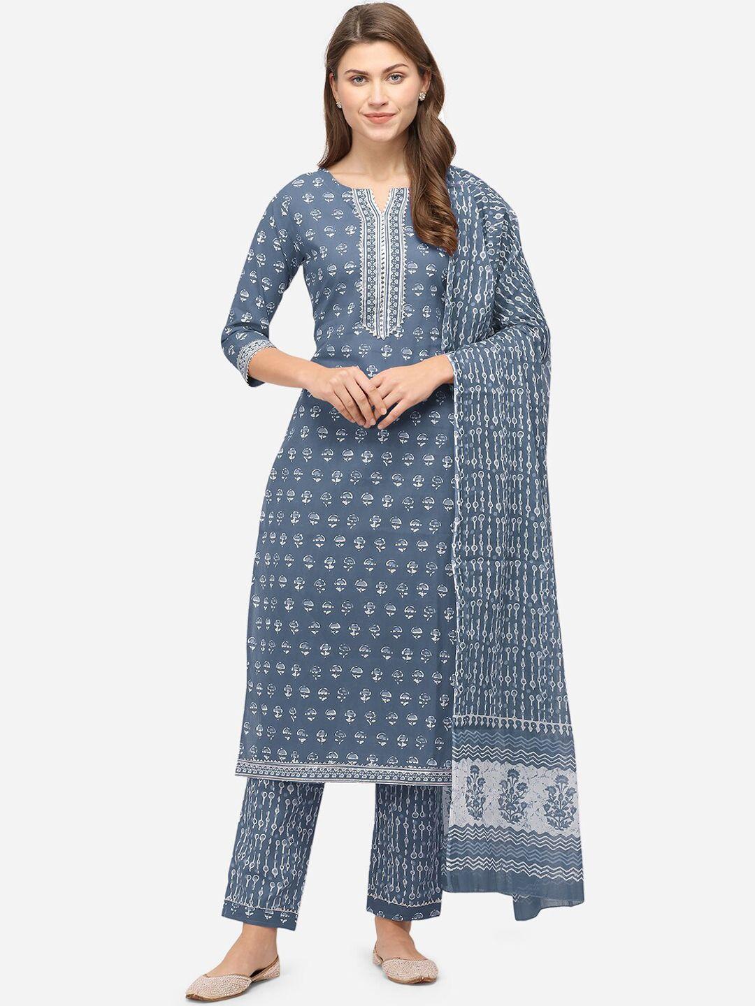 mirchi fashion women grey & off-white printed kurta with trousers & dupatta