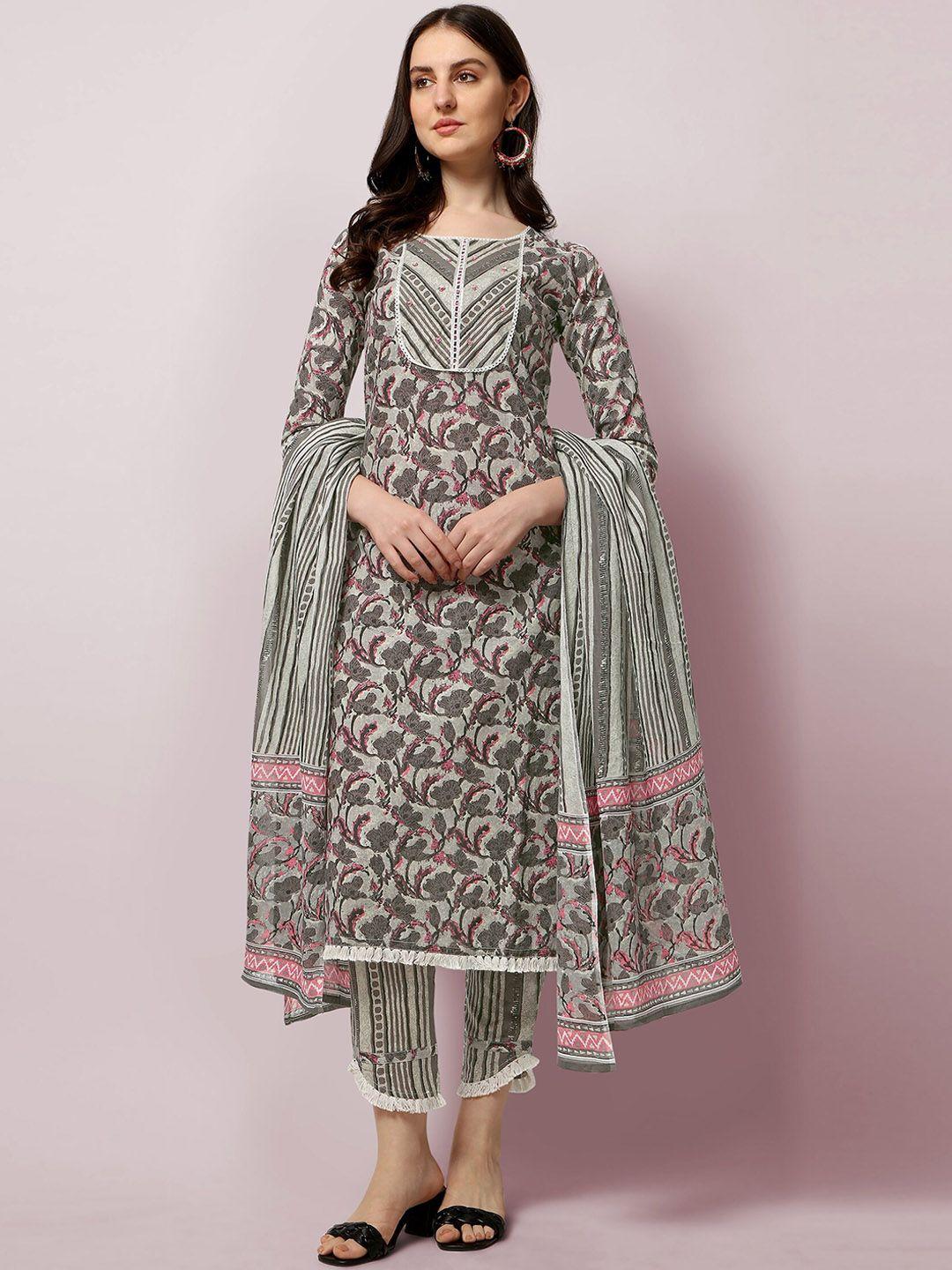 mirchi fashion women grey floral printed kurta with trousers & with dupatta