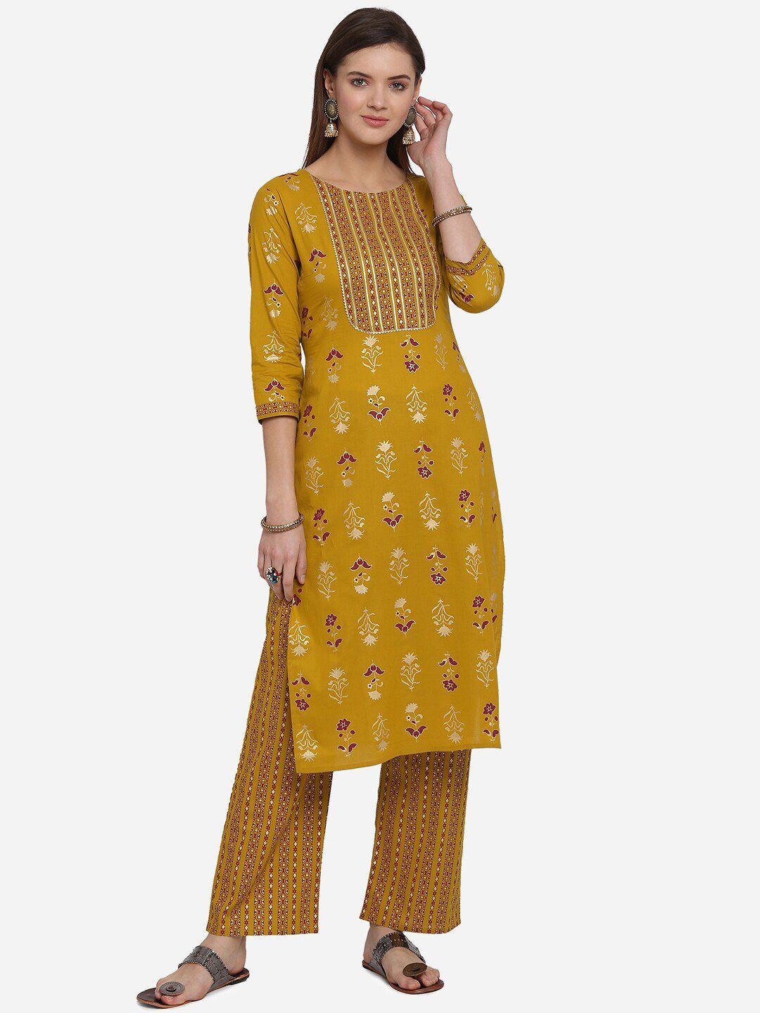 mirchi fashion women mustard yellow printed kurta with palazzos