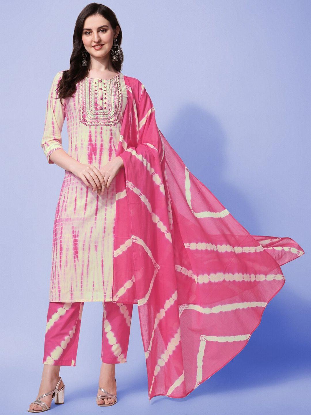 mirchi fashion women pink leheriya printed pure cotton kurta with trouser & with dupatta