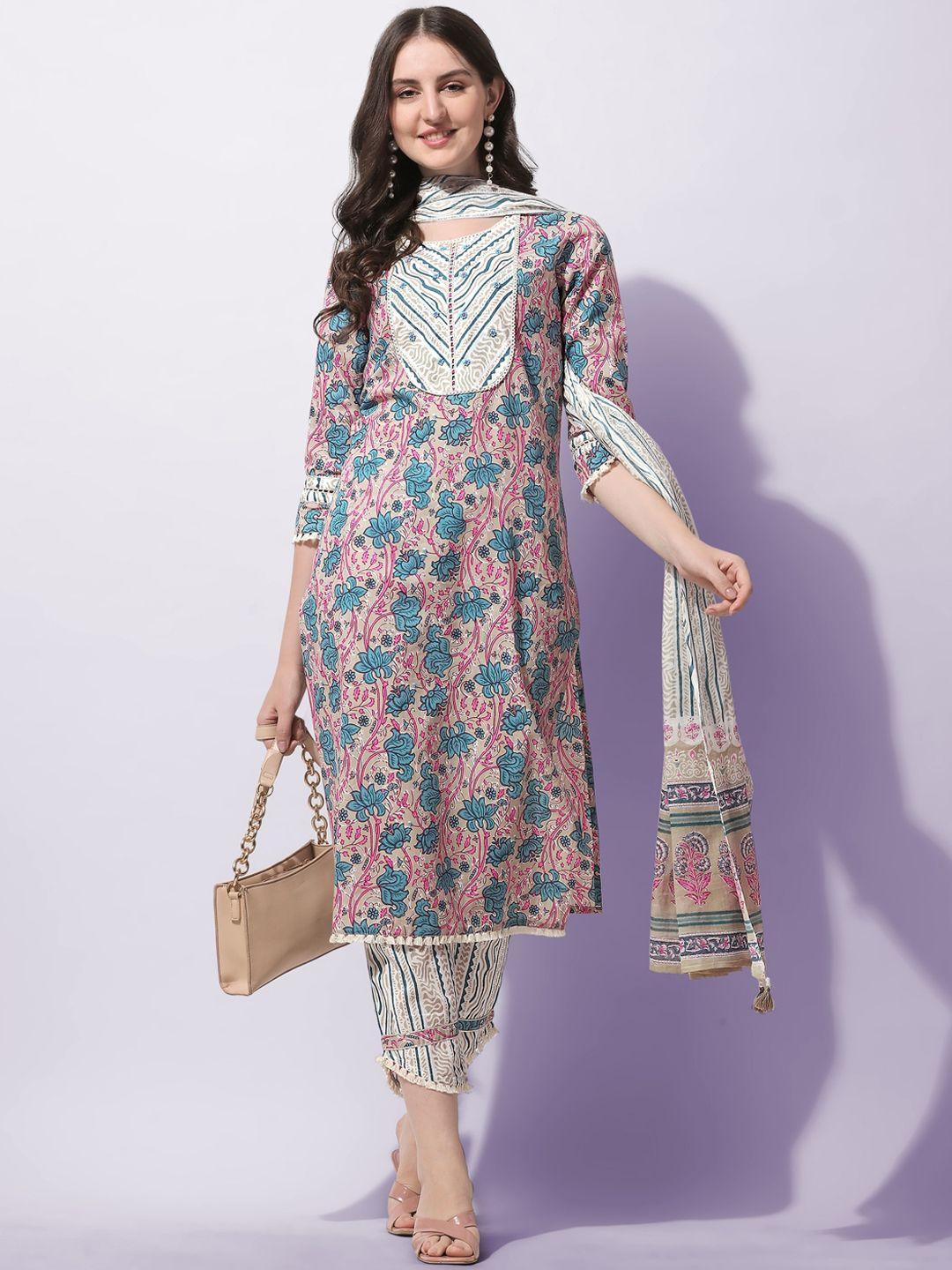 mirchi fashion women plus size cream-coloured ethnic motifs printed pure cotton kurta set