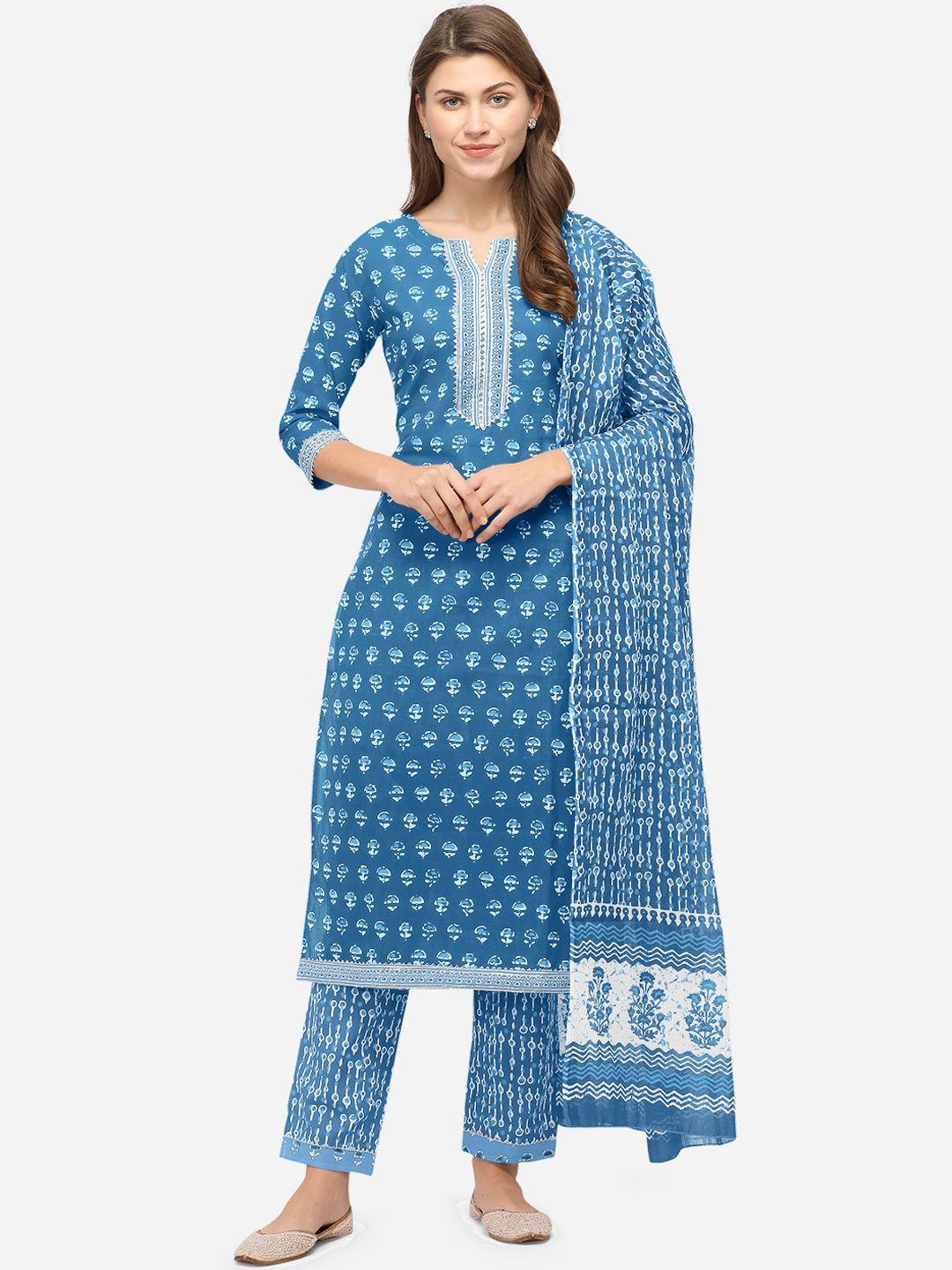 mirchi fashion women turquoise blue printed cotton kurta with trousers with dupatta