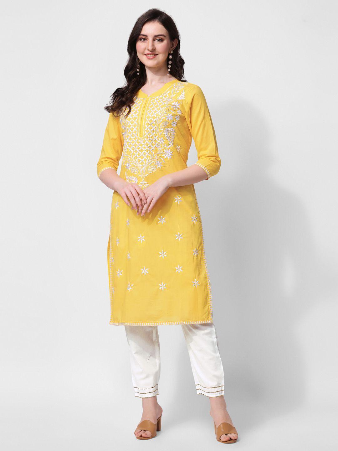 mirchi fashion women yellow ethnic motifs embroidered thread work pure cotton kurta with trousers