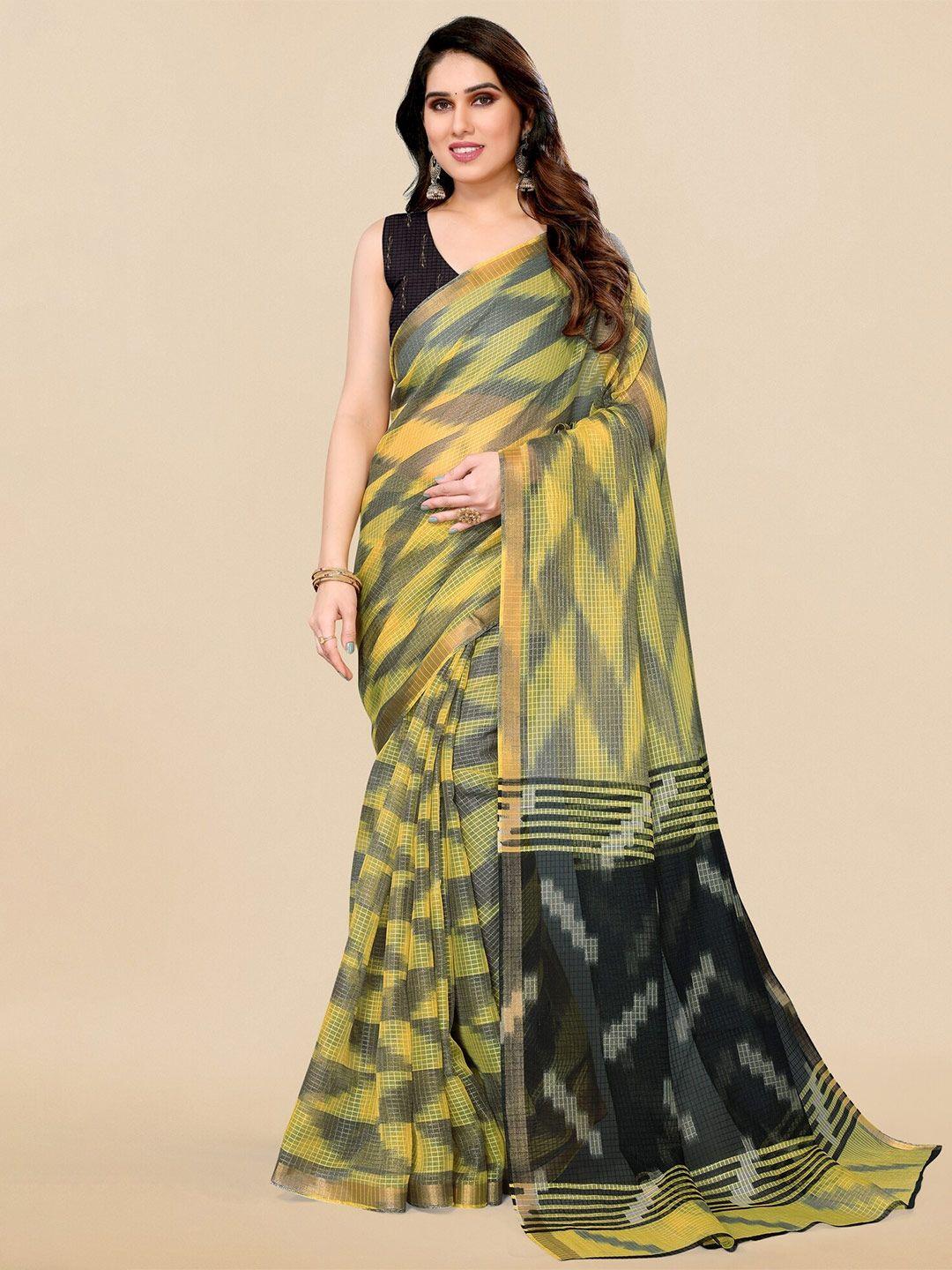 mirchi fashion yellow & black geometric printed zari saree