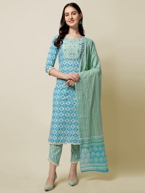 mirchi fashion aqua blue cotton embellished kurta pant set with dupatta