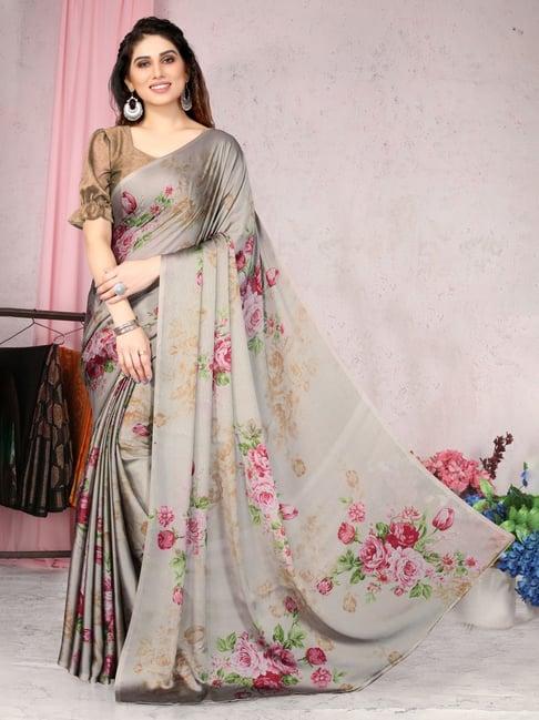 mirchi fashion ash grey floral print saree with unstitched blouse