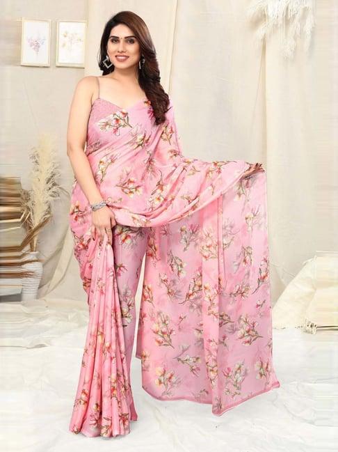 mirchi fashion baby pink floral print saree with unstitched blouse