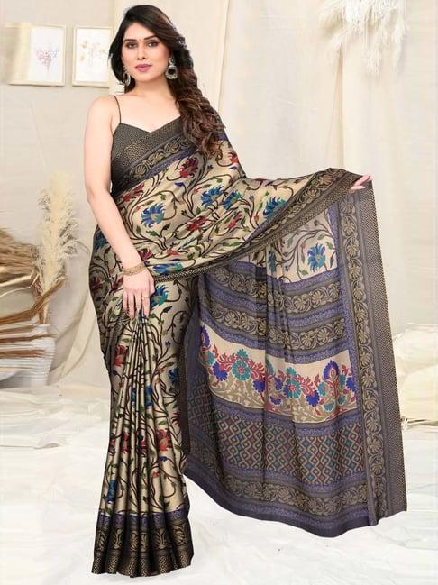 mirchi fashion beige & black floral print saree with unstitched blouse