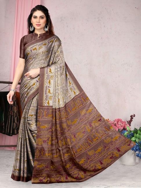 mirchi fashion beige & brown printed saree with unstitched blouse