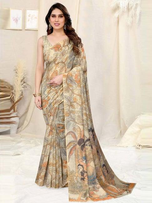 mirchi fashion beige & cream cotton floral print saree with unstitched blouse