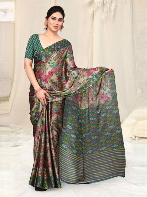 mirchi fashion beige & green floral print saree with unstitched blouse