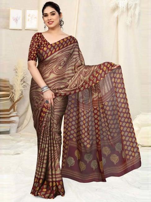 mirchi fashion beige & maroon floral print saree with unstitched blouse