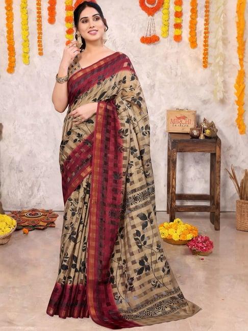 mirchi fashion beige & maroon floral print saree with unstitched blouse