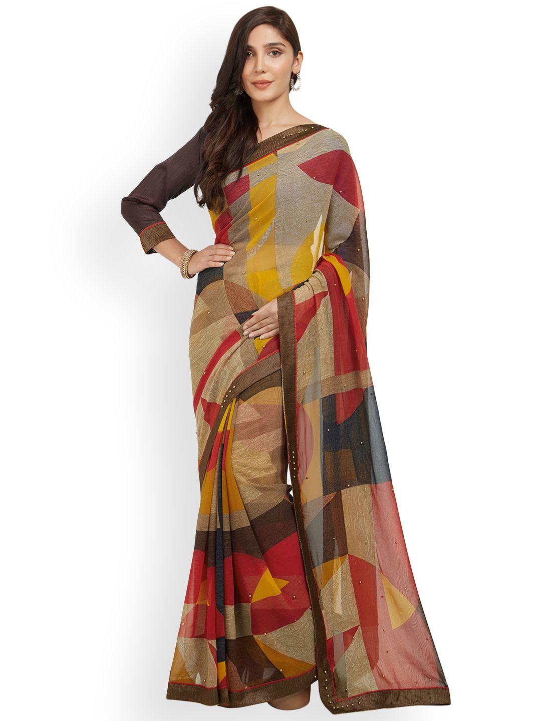 mirchi fashion beige & multicoloured poly georgette printed saree