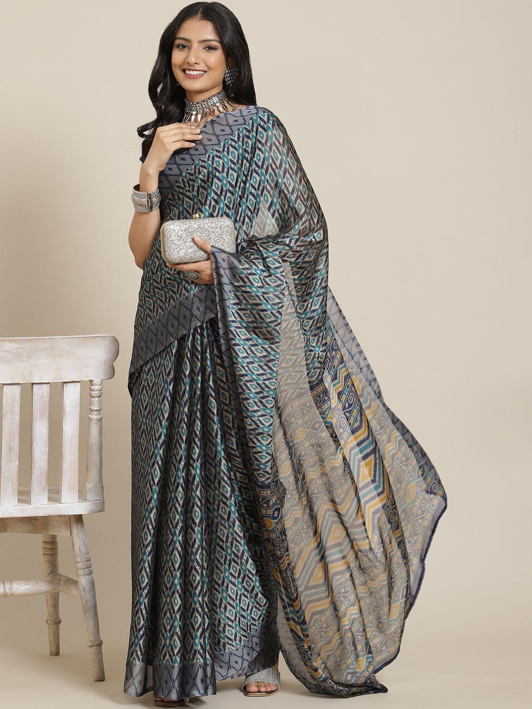 mirchi fashion beige & navy blue printed ikat saree