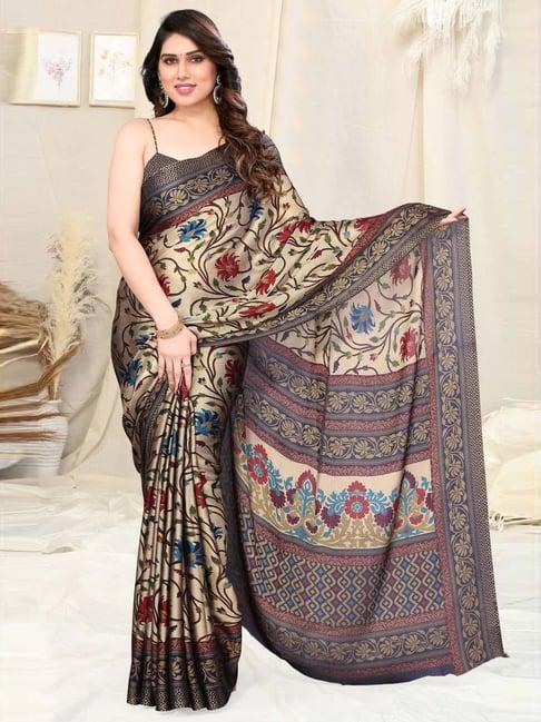 mirchi fashion beige & navy floral print saree with unstitched blouse