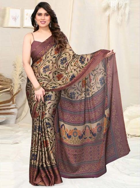 mirchi fashion beige & purple floral print saree with unstitched blouse